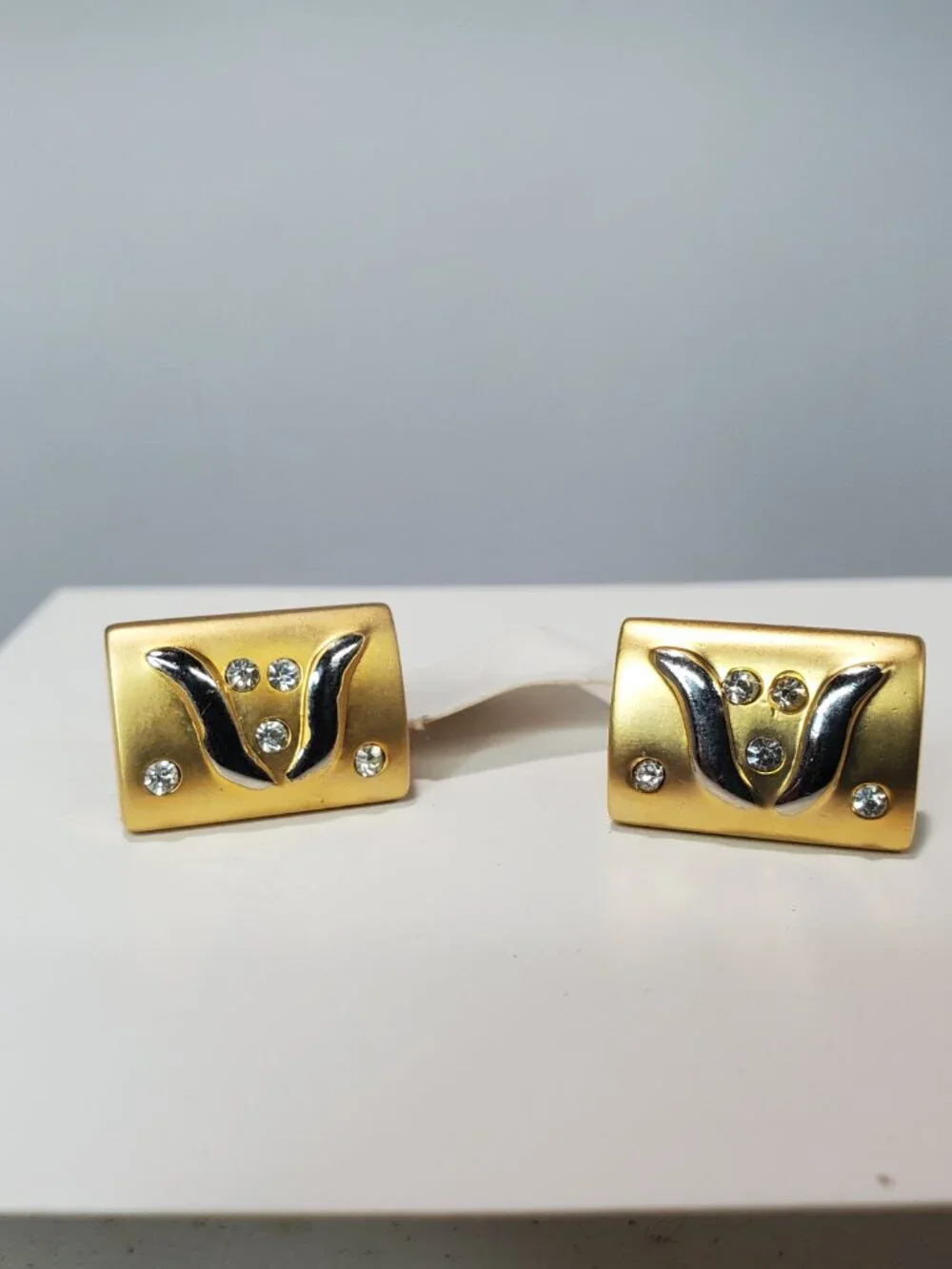 Vintage 14K Gold-Plated Brass with Rhinestones Tie Clip & Cufflinks 3 Pc Set